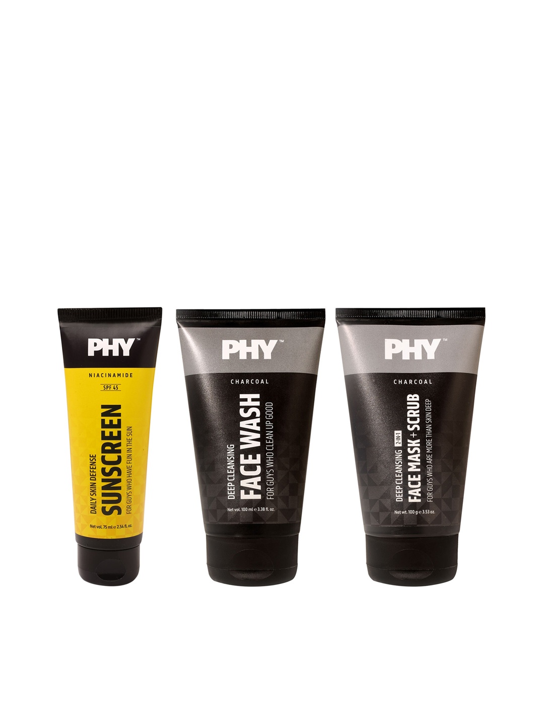 

Phy Men Set Of Sunscreen SPF 45 & Charcoal Face Wash - Scrub + Mask, Yellow