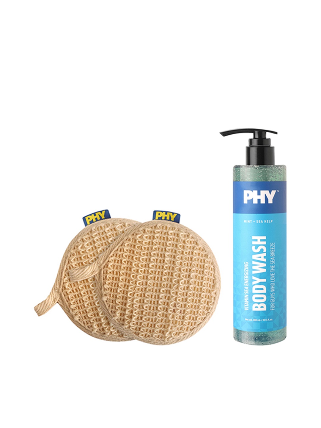 

Phy Men Set Of Vitamin Sea Energizing Body Wash & 2 Scrub On Loofahs, Blue