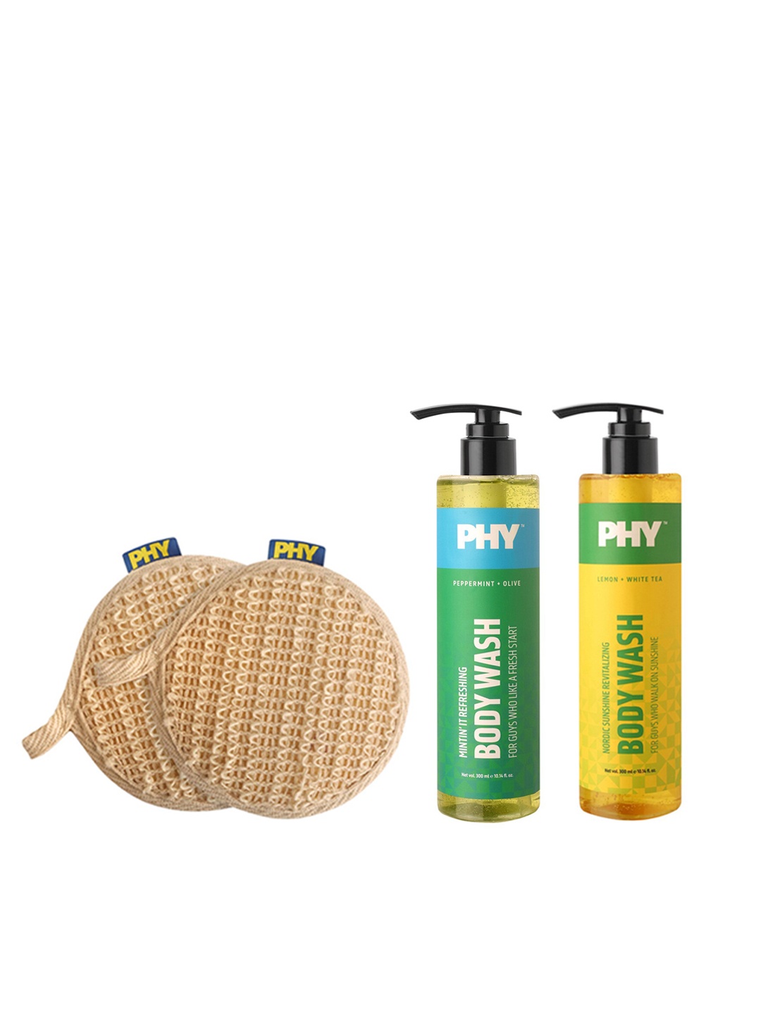 

Phy Men Set Of Mintin It Refreshing & Nordic Sunshine Body Washes & Loofahs, Yellow