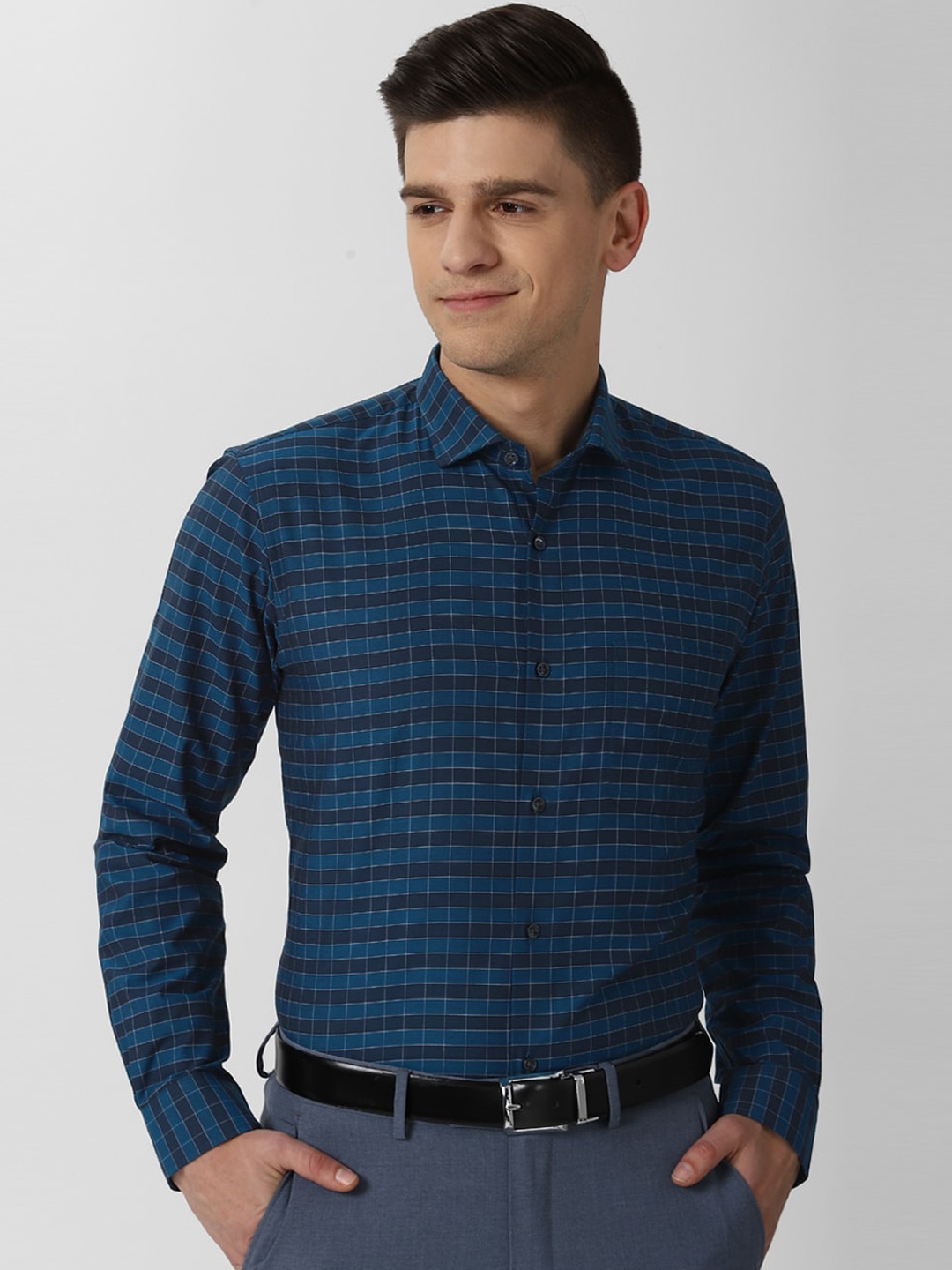 

Peter England Men Blue Opaque Checked Formal Shirt