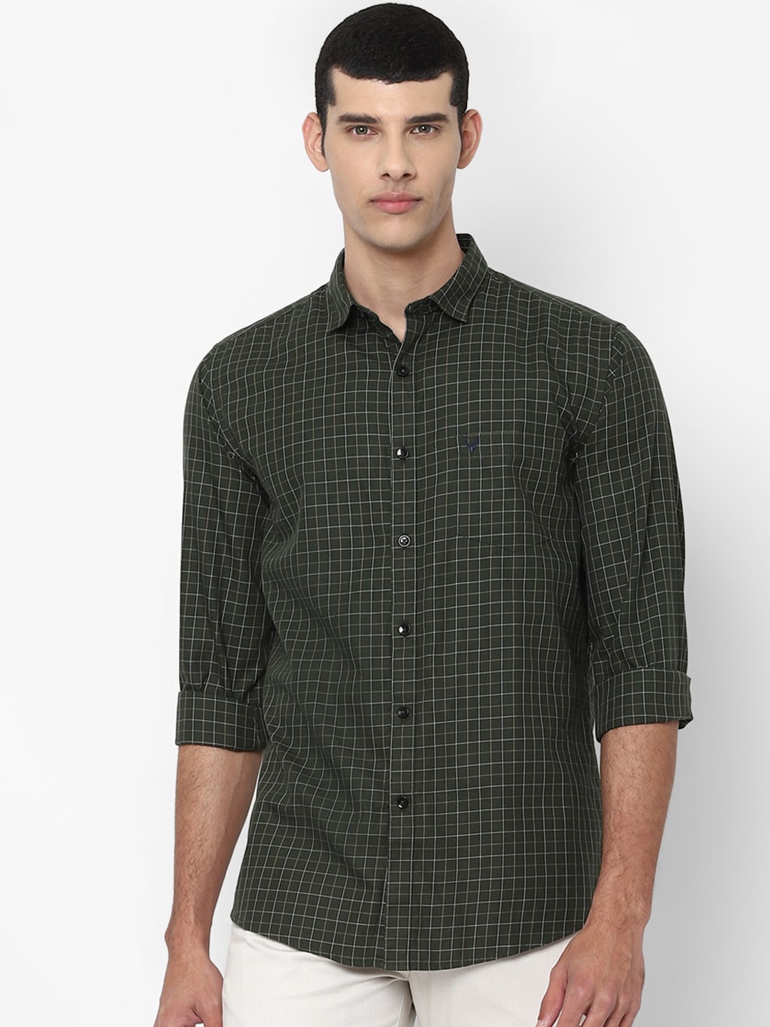 

Allen Solly Men Olive Green Slim Fit Grid Tattersall Checked Pure Cotton Casual Shirt