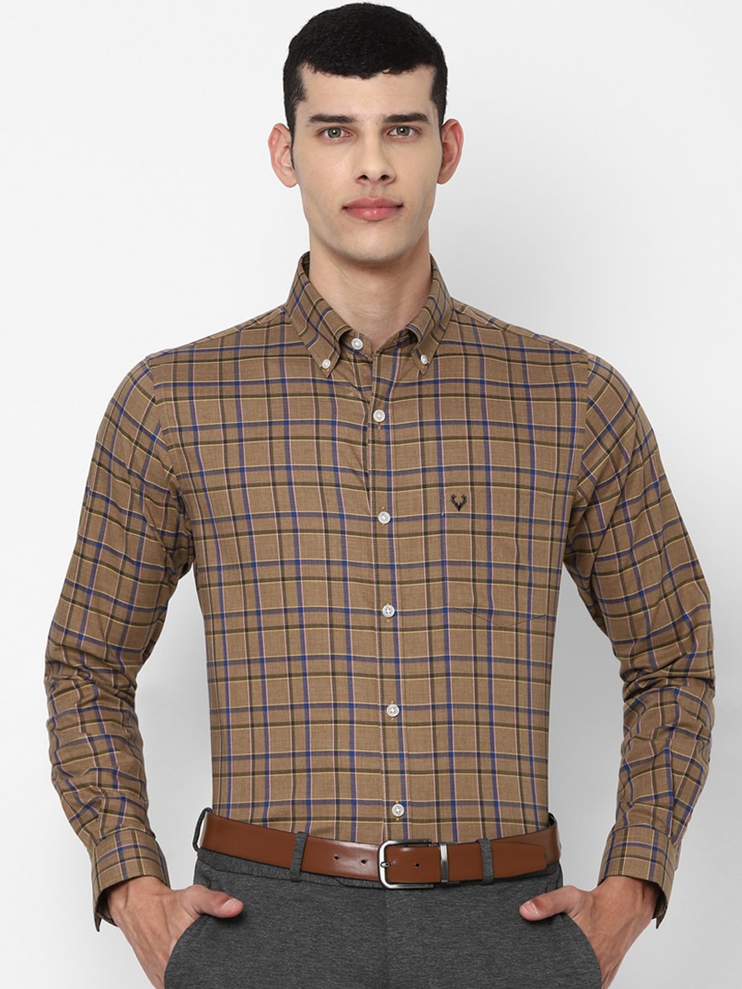 

Allen Solly Men Brown Slim Fit Opaque Checked Pure Cotton Formal Shirt