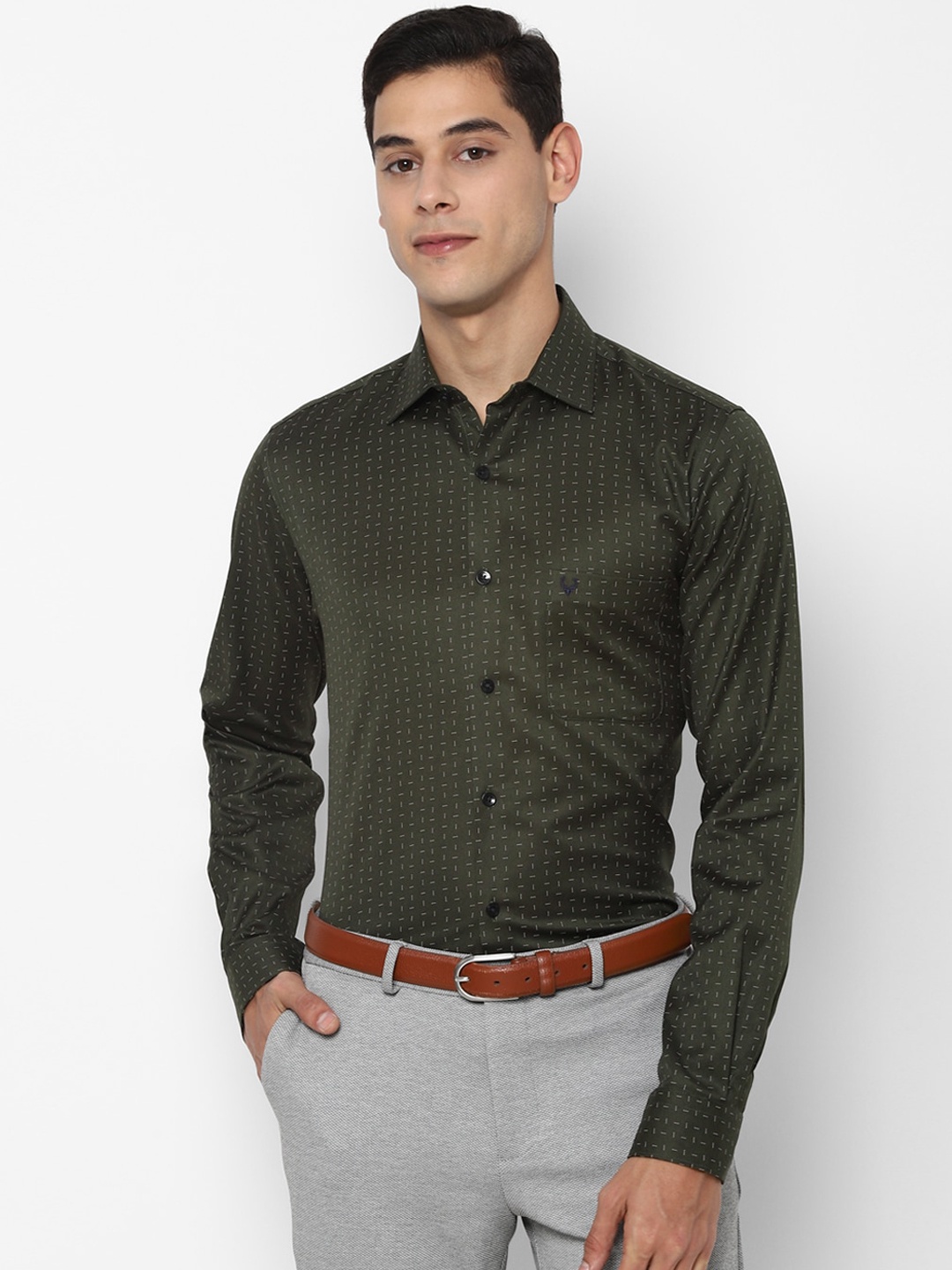 

Allen Solly Men Olive Green Slim Fit Opaque Printed Pure Cotton Formal Shirt