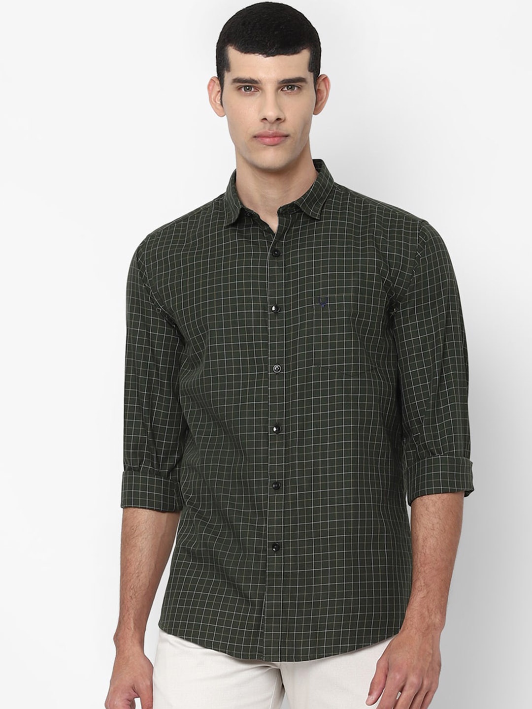 

Allen Solly Men Olive Green Slim Fit Opaque Checked Pure Cotton Casual Shirt