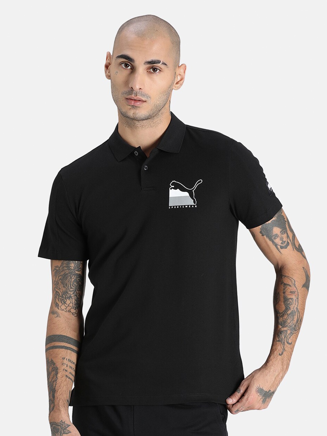 

Puma Men Black Brand Logo Printed Polo Collar T-shirt