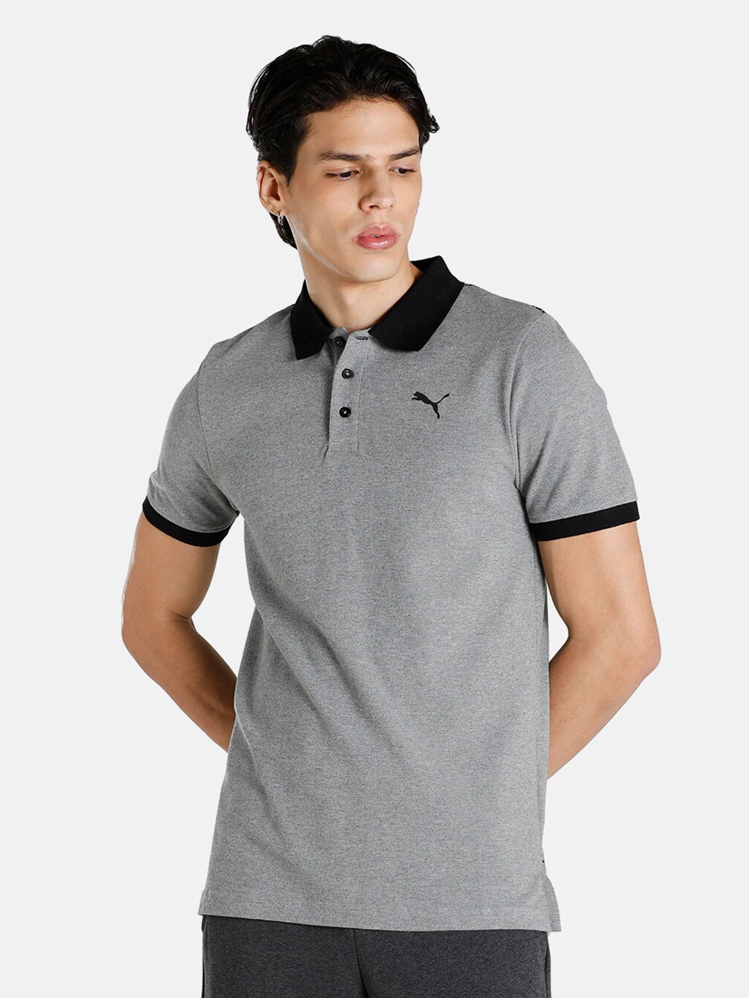 

Puma Men Grey & Black Brand Logo Polo Collar T-shirt