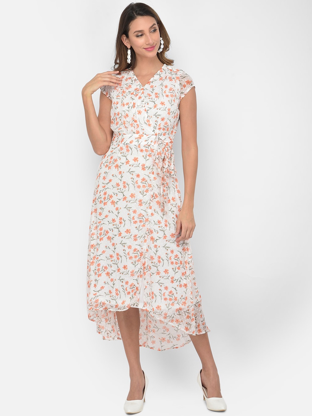 

Latin Quarters White & Orange Floral A-Line Midi Dress