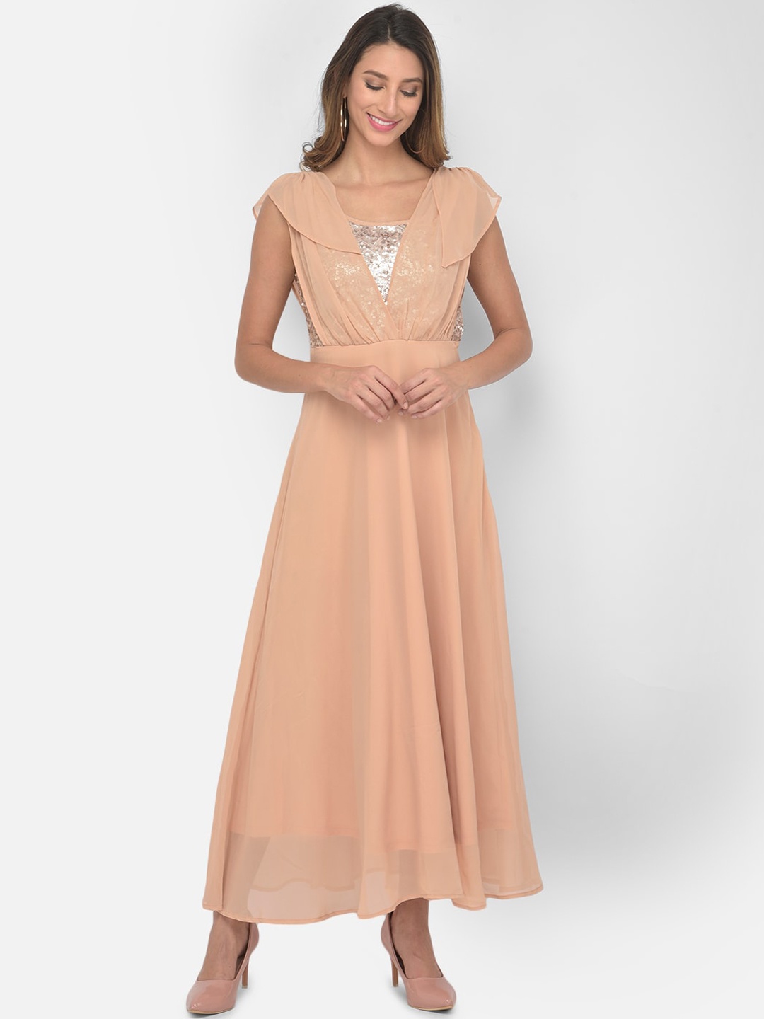 

Latin Quarters Women Peach-Coloured & Silver-Toned Embellished Maxi Dress
