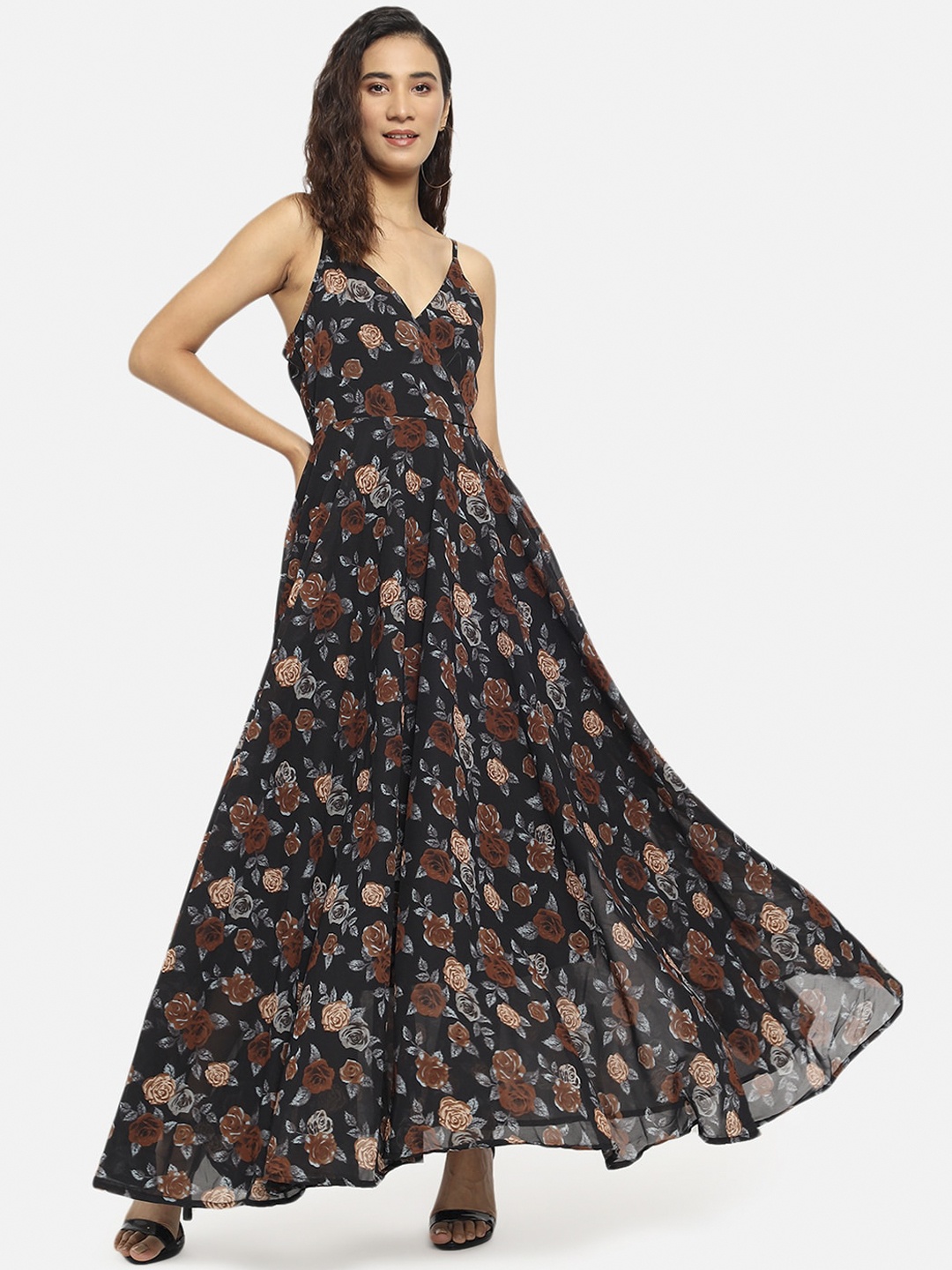 Trend Arrest Black & Orange Floral Georgette Maxi Dress