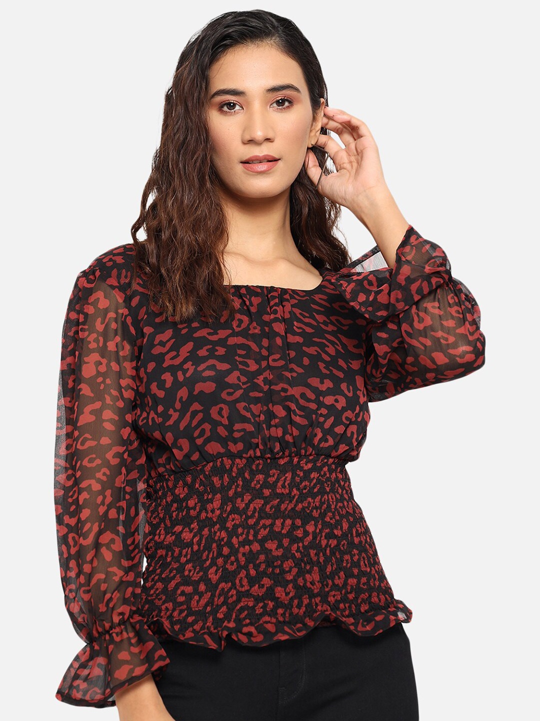 

Trend Arrest Black Georgette Cinched Waist Smocking Top