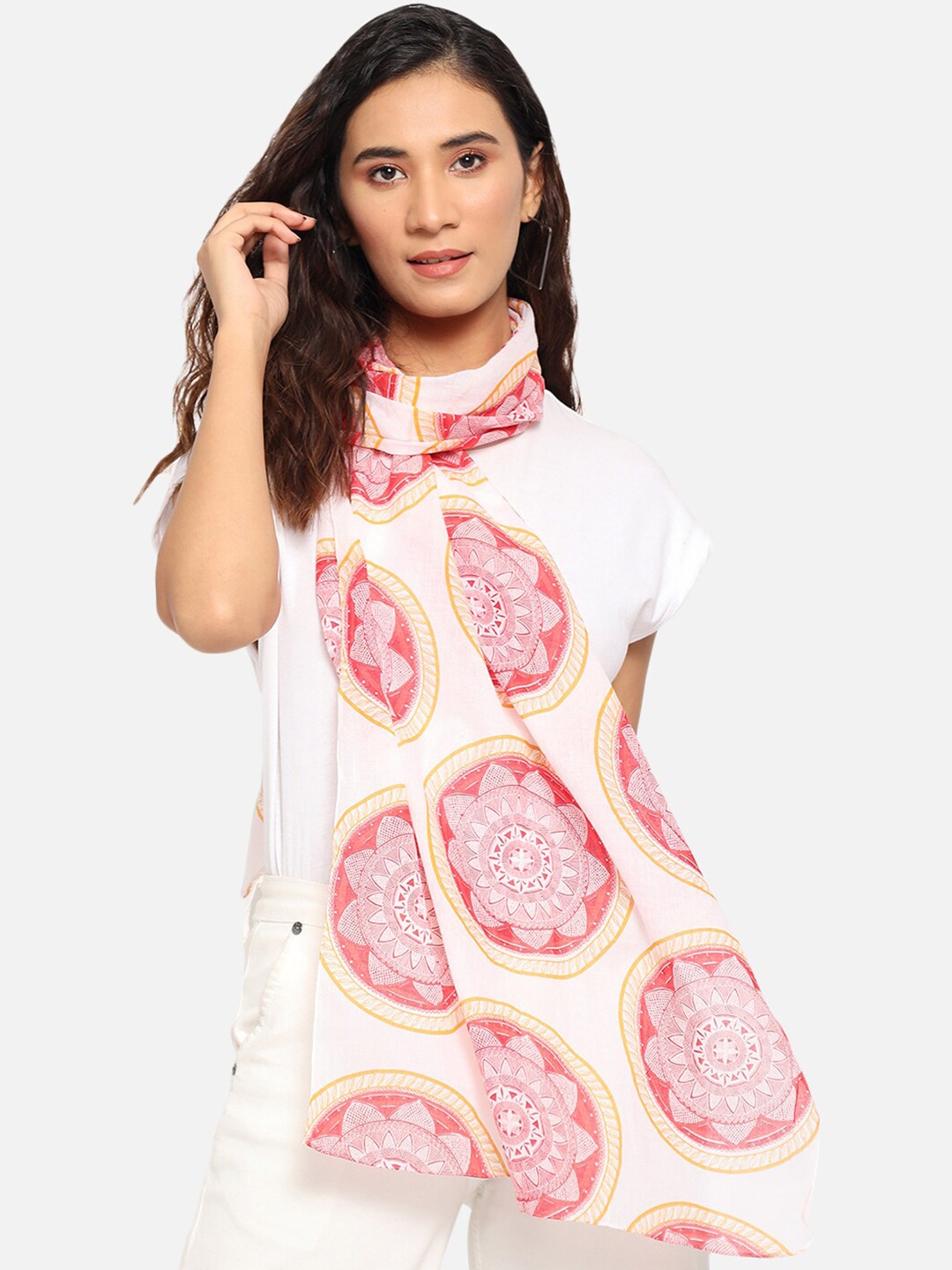 

Trend Arrest Women White & Red Printed Cotton Scarf