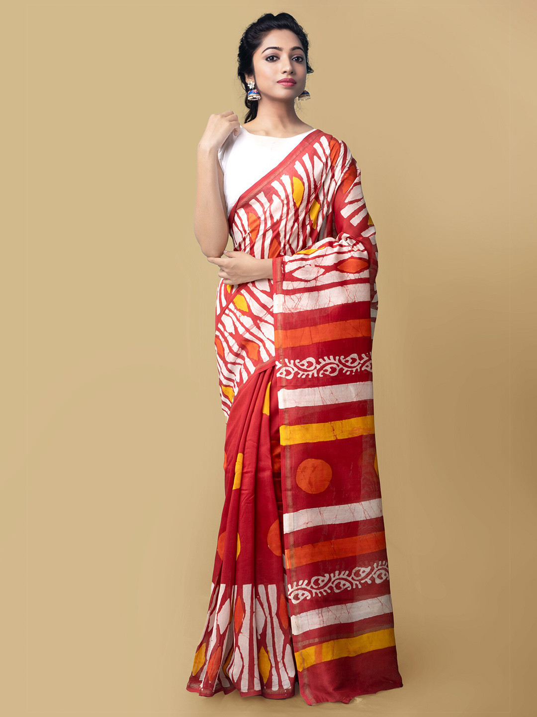 

Unnati Silks Women Red Pure Batik Chanderi Sico Sustainable Saree