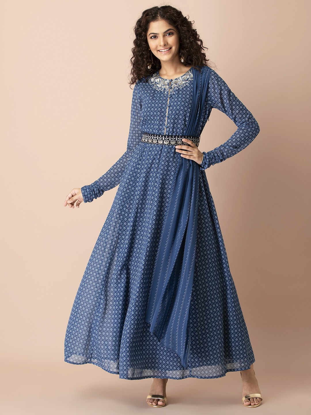 

INDYA Shraddha Kapoor Blue & Off White Ethnic Motifs Ethnic Maxi Dress