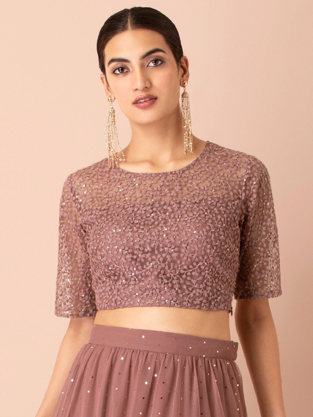 

INDYA Shraddha Kapoor Pink Floral Embroidered Regular Crop Top