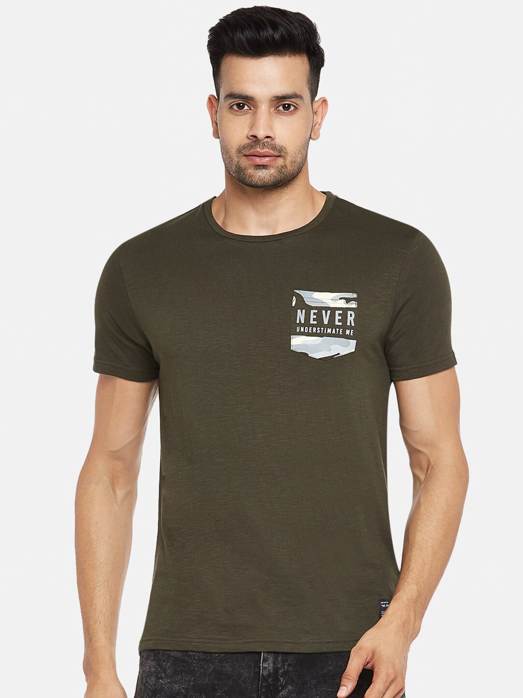 

People Men Olive Green & Off White T-shirt