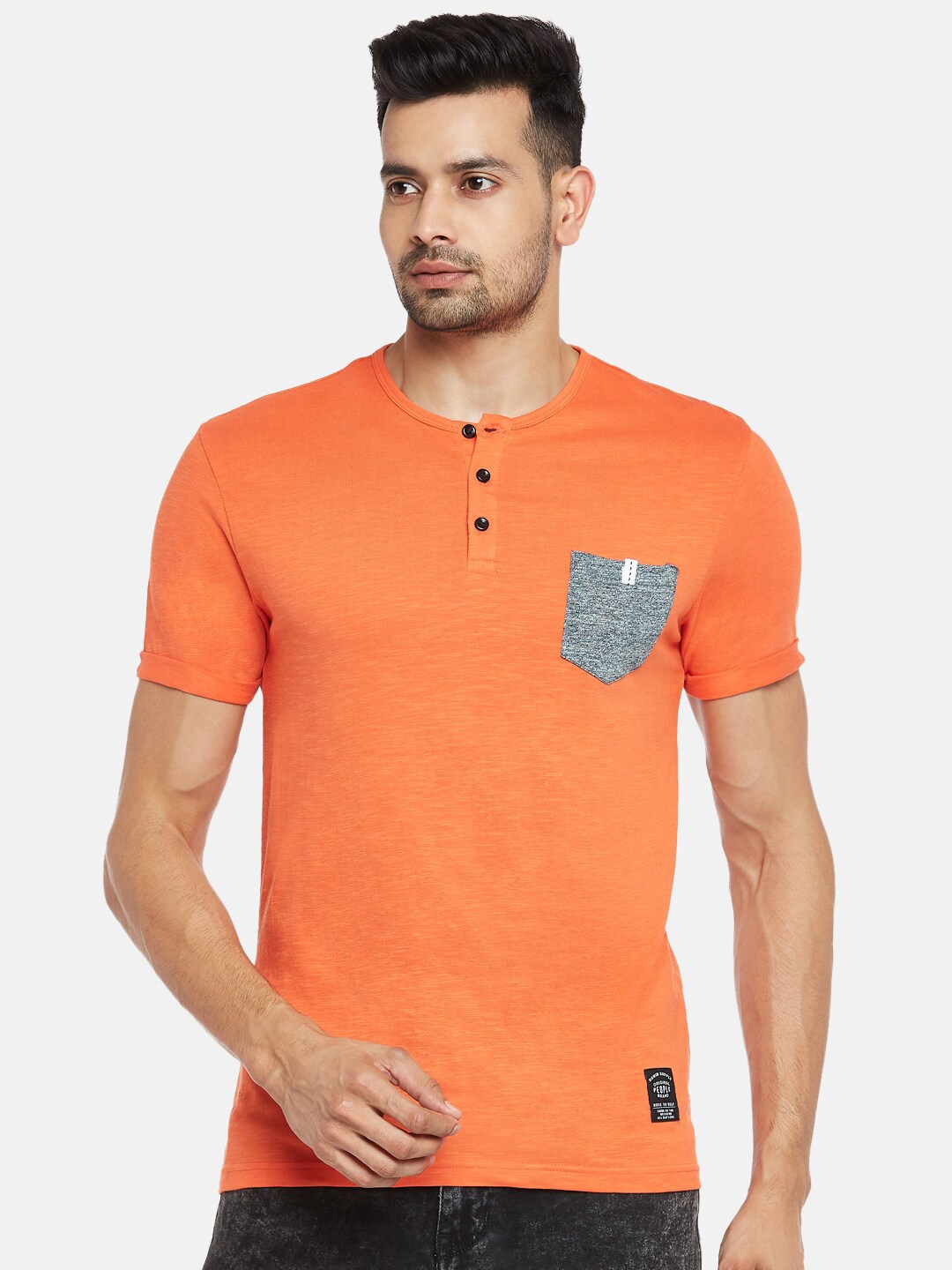 

People Men Orange & Grey Henley Neck T-shirt