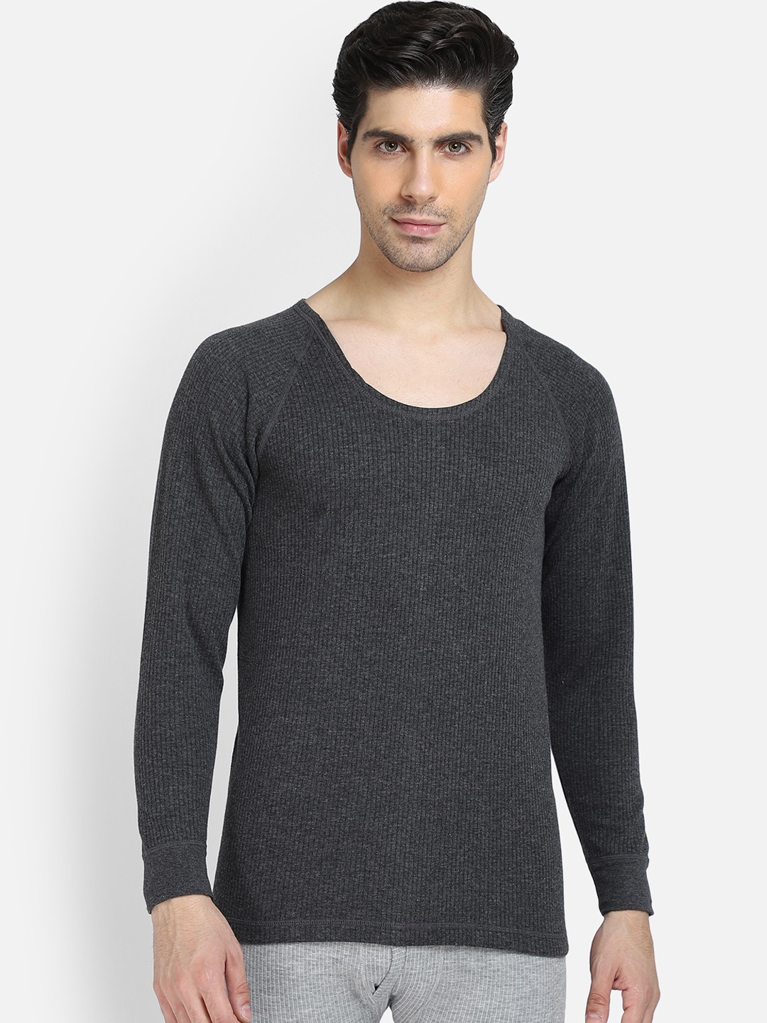 

BODYCARE INSIDER Men Charcoal Grey Ribbed Thermal T-shirt