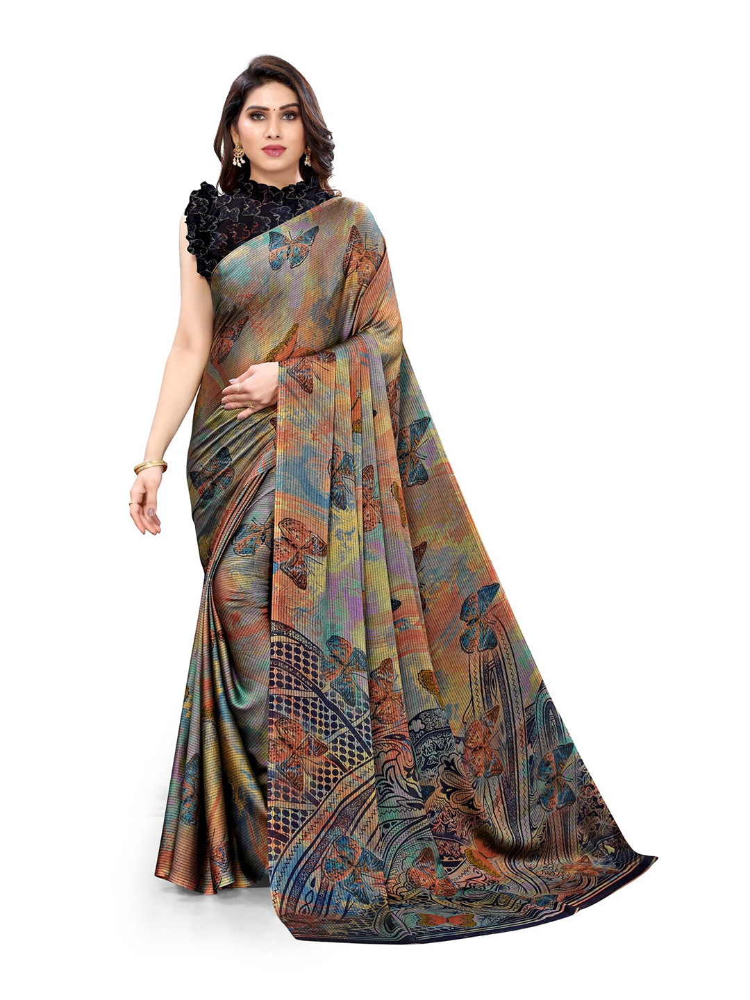 

KALINI Grey & Multicoloured Floral Printed Bagh Saree