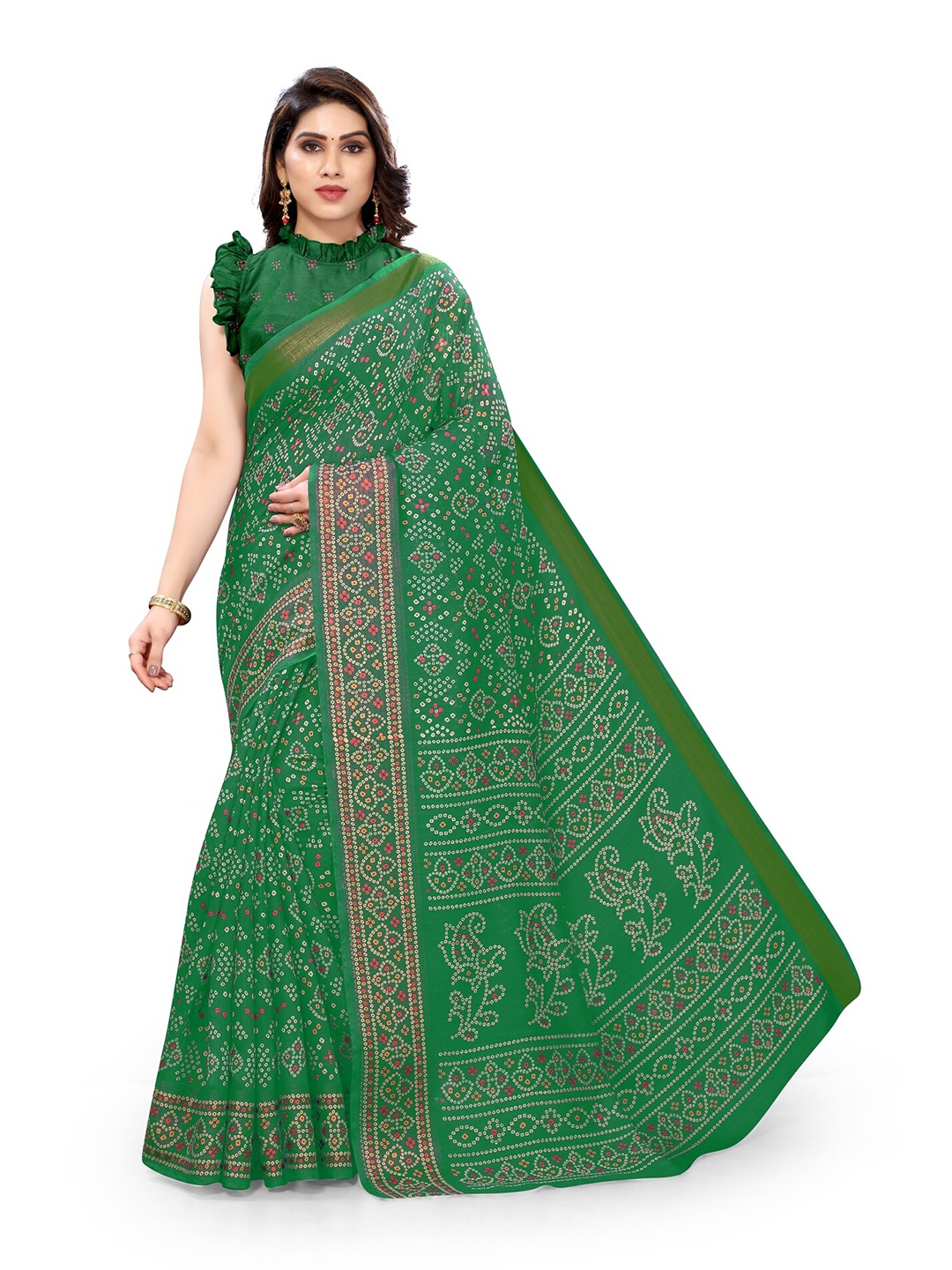 

KALINI Green Bandhani Zari Bandhani Cotton Saree