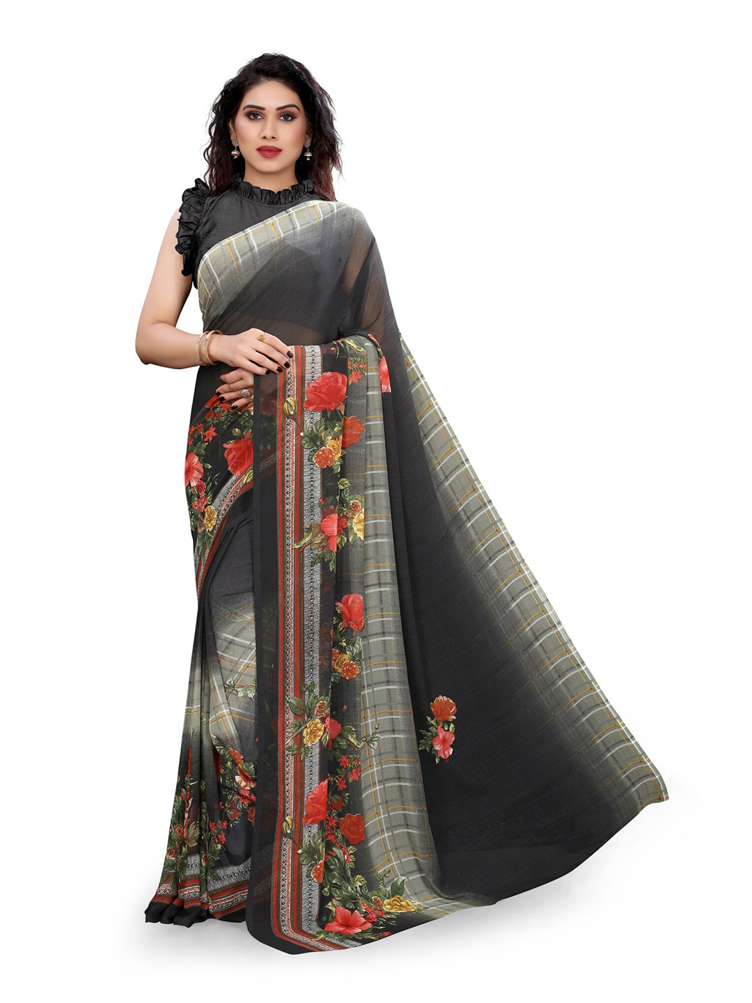 

KALINI Black & Red Floral Bagh Georgette Saree