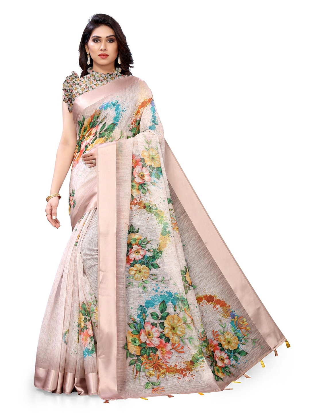 

KALINI Off White & Green Floral Bagh Saree