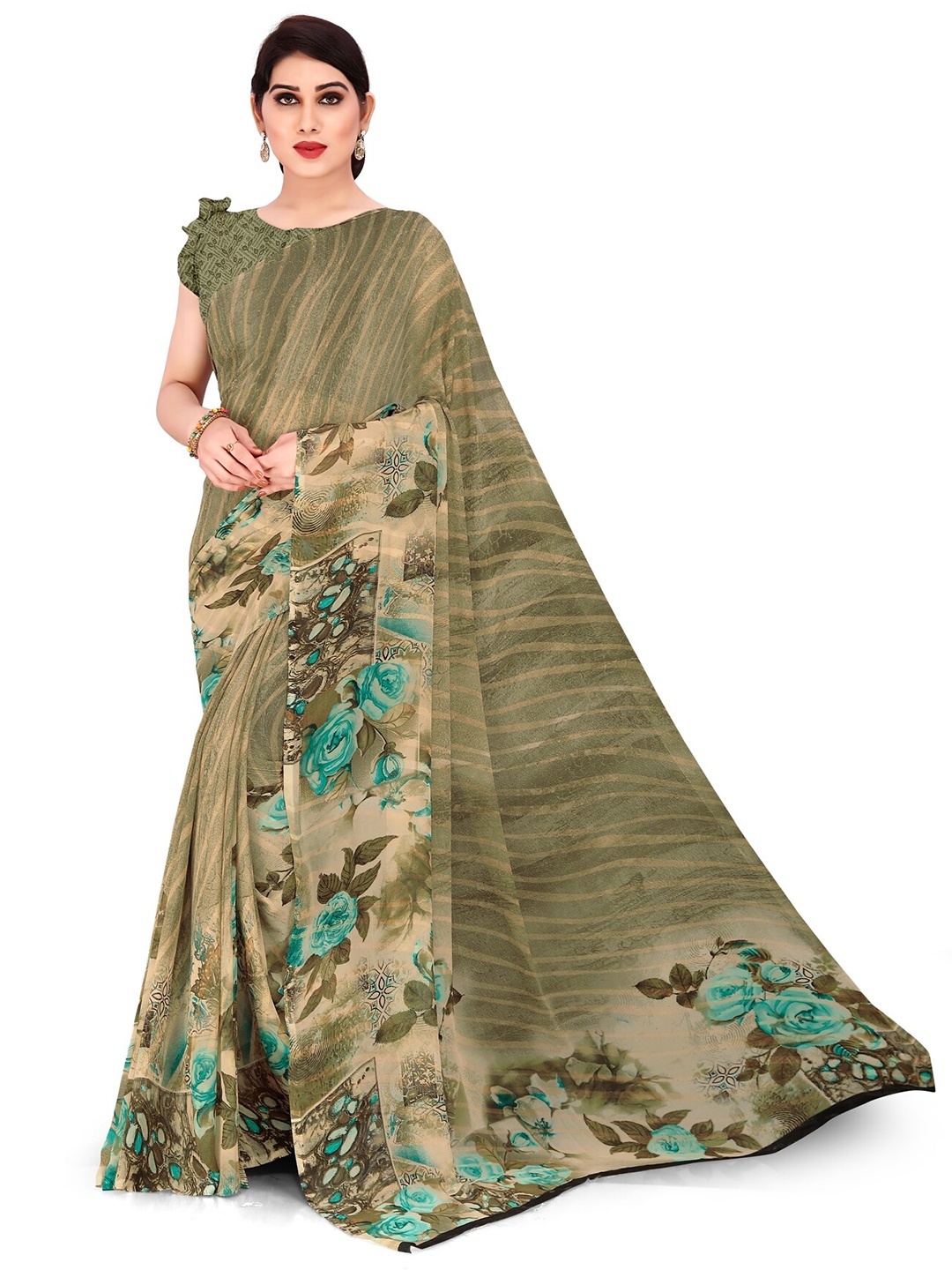 

KALINI Green & Beige Floral Printed Bagh Saree