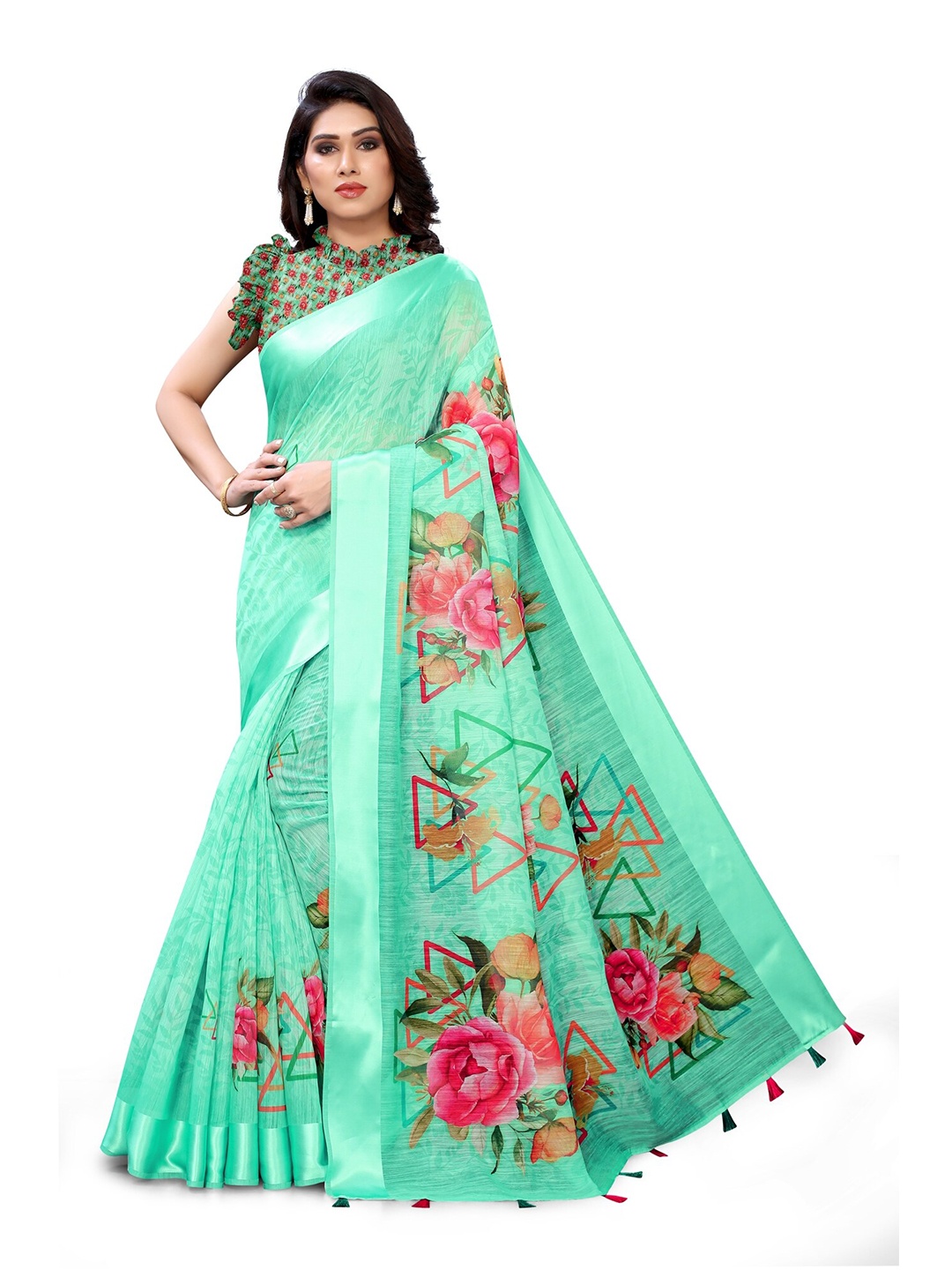 

KALINI Green & Pink Floral Printed Bagh Saree