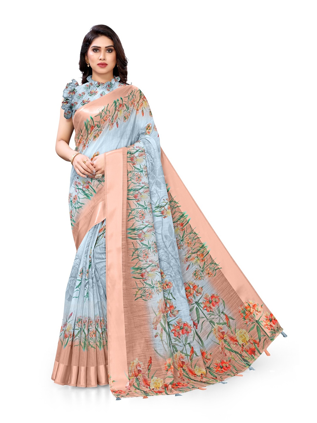

MIRCHI FASHION Grey & Beige Floral Bagh Saree