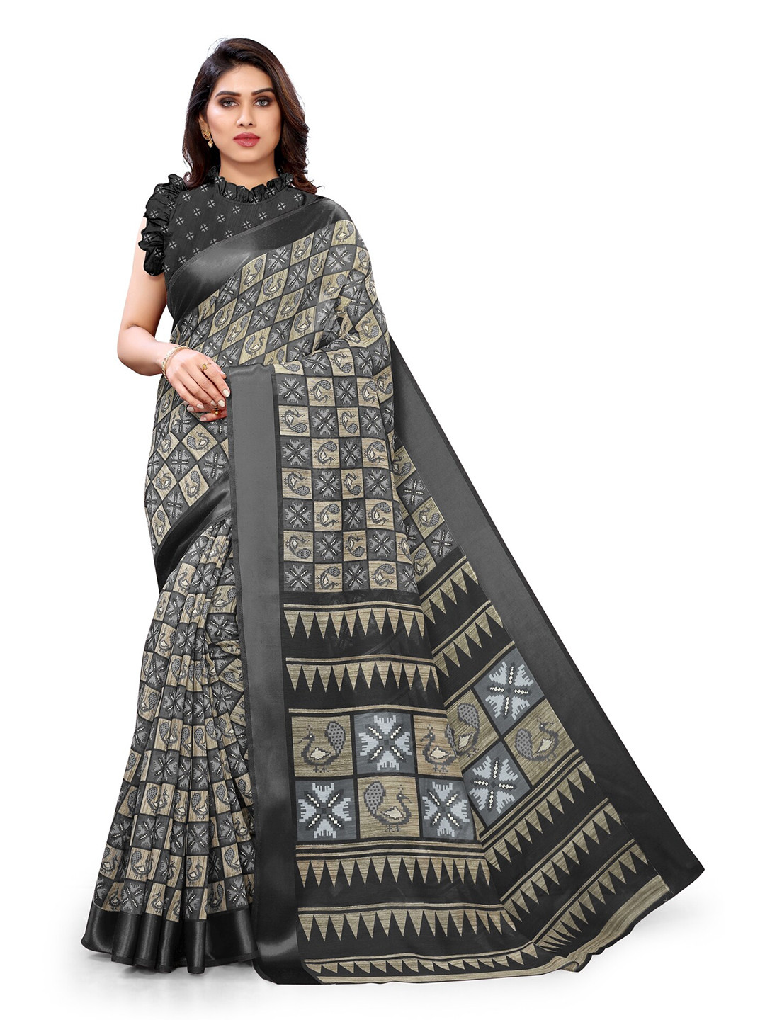 

KALINI Grey & Beige Ethnic Motifs Block Print Cotton Saree