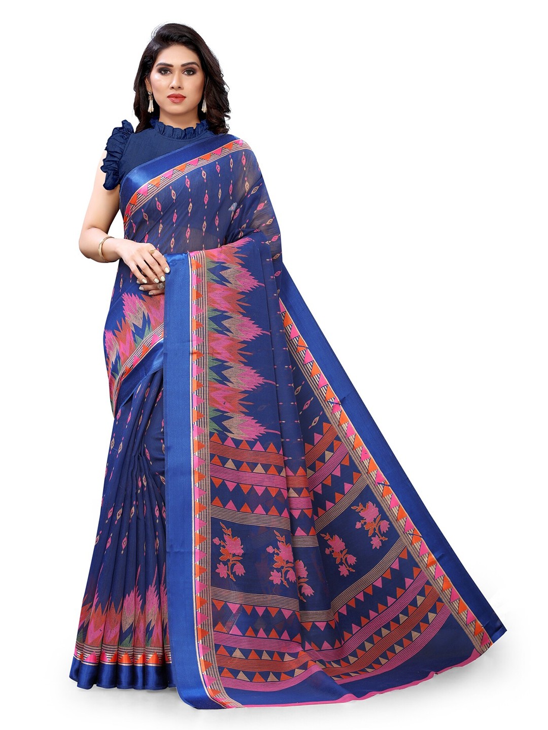 

KALINI Blue & Pink Floral Bagh Saree