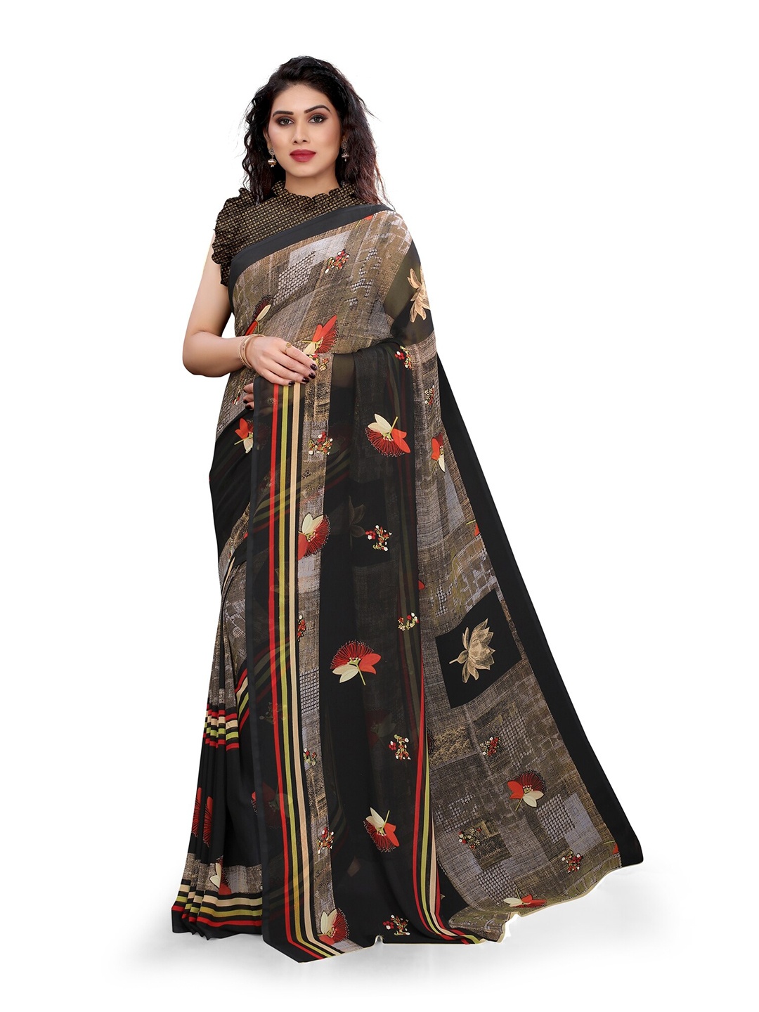 

KALINI Black & Brown Floral Saree