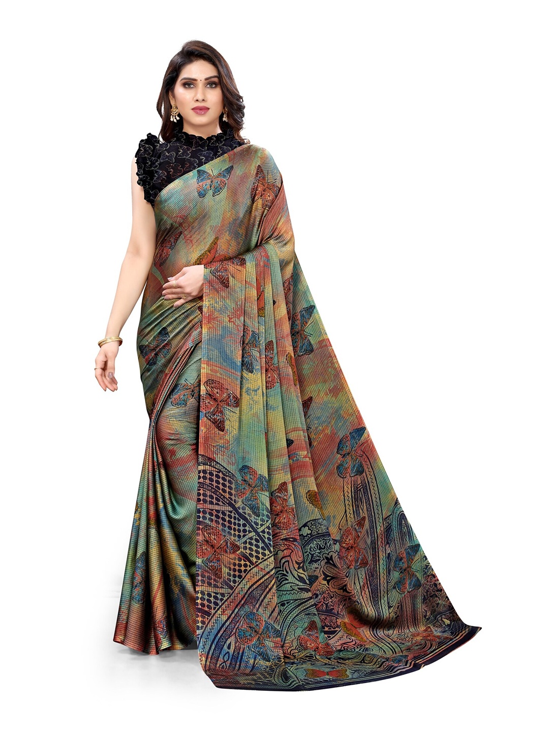 

KALINI Green & Red Floral Bagh Saree