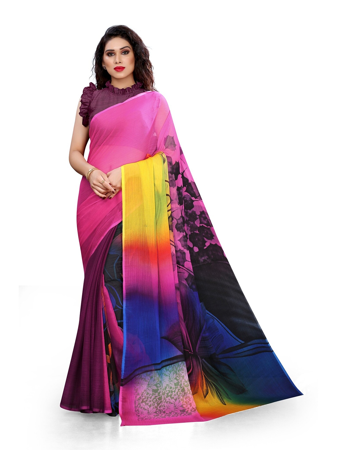 

KALINI Pink & Blue Bagh Chiffon Abstract Printed Saree