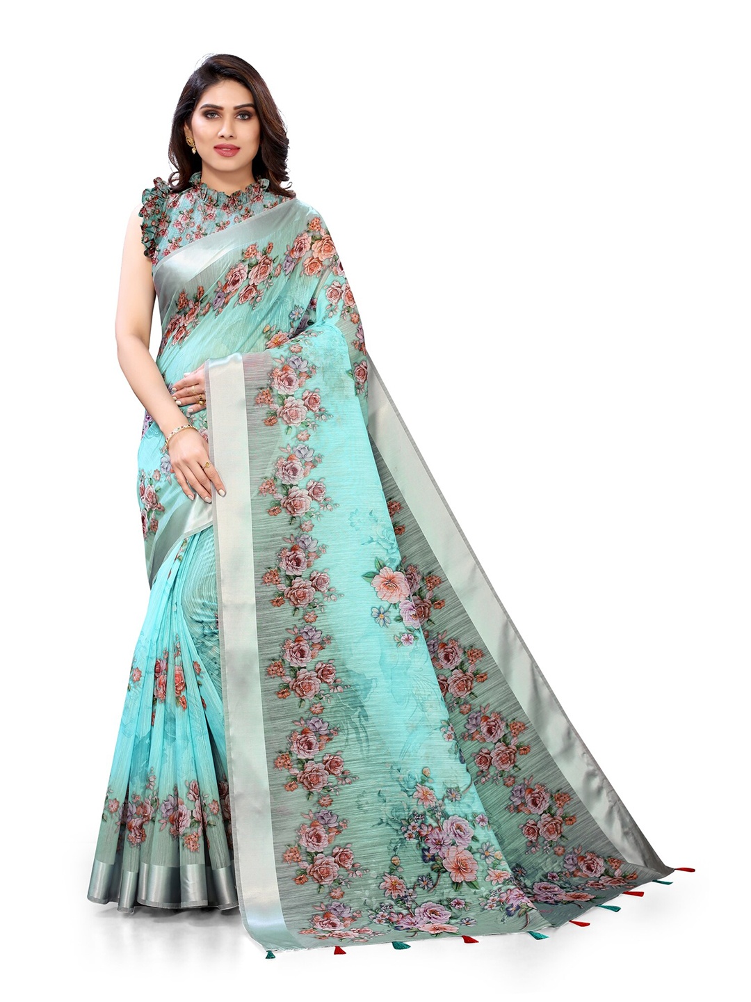 

KALINI Green & Pink Floral Printed Bagh Saree
