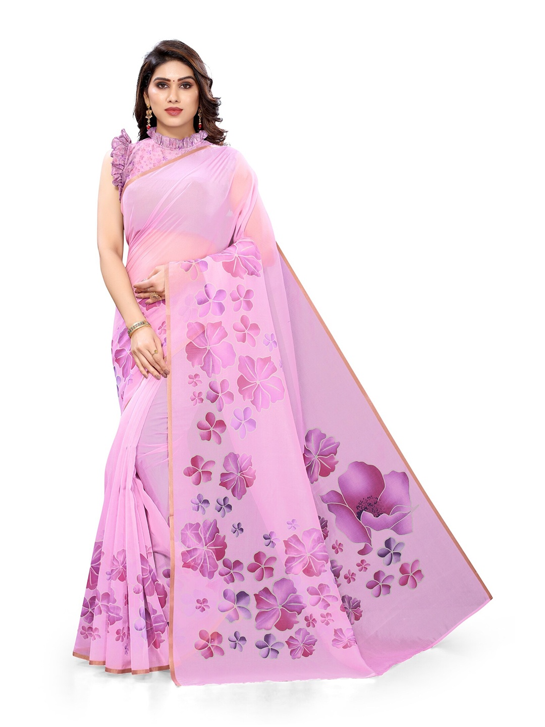 

MIRCHI FASHION Pink & Purple Floral Organza Saree
