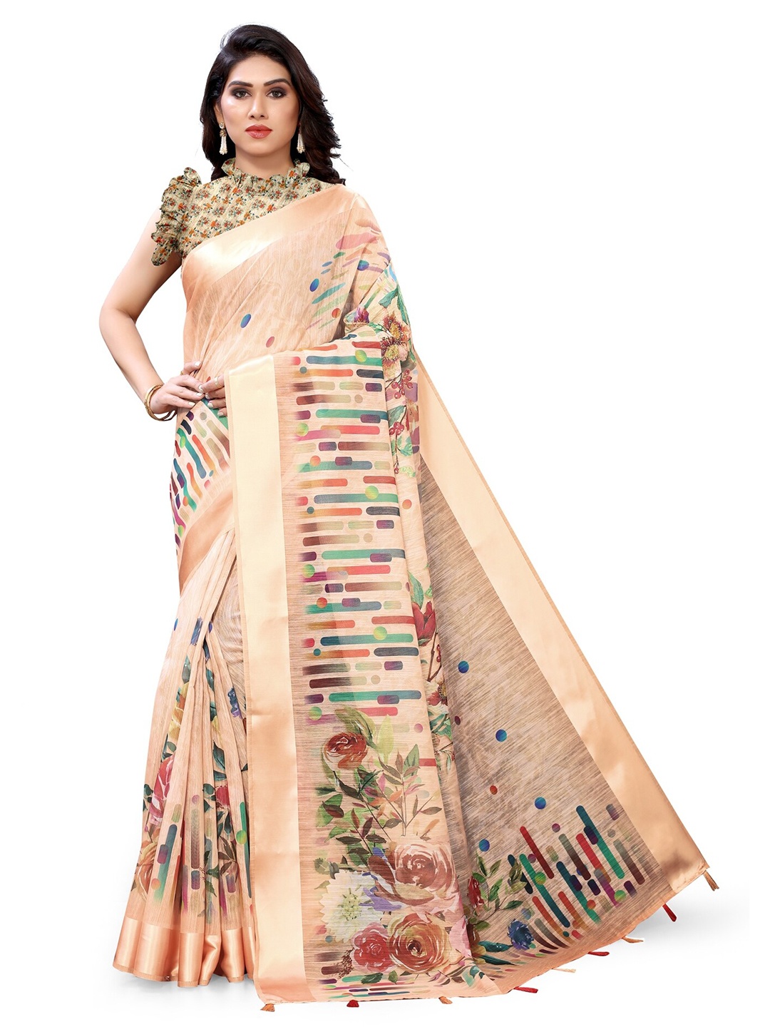 

KALINI Peach-Coloured & Green Floral Bagh Saree