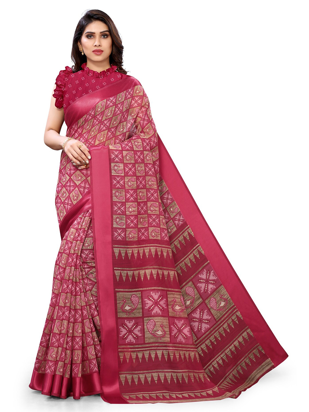 

KALINI Pink & Beige Ethnic Motifs Block Print Saree