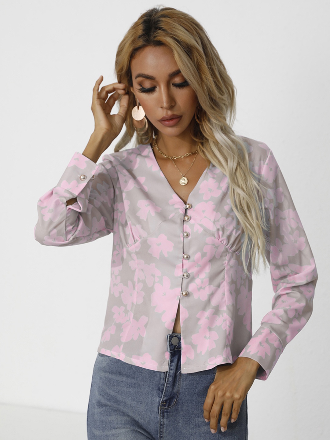 

URBANIC Pink & Beige Floral Print Shirt Style Top