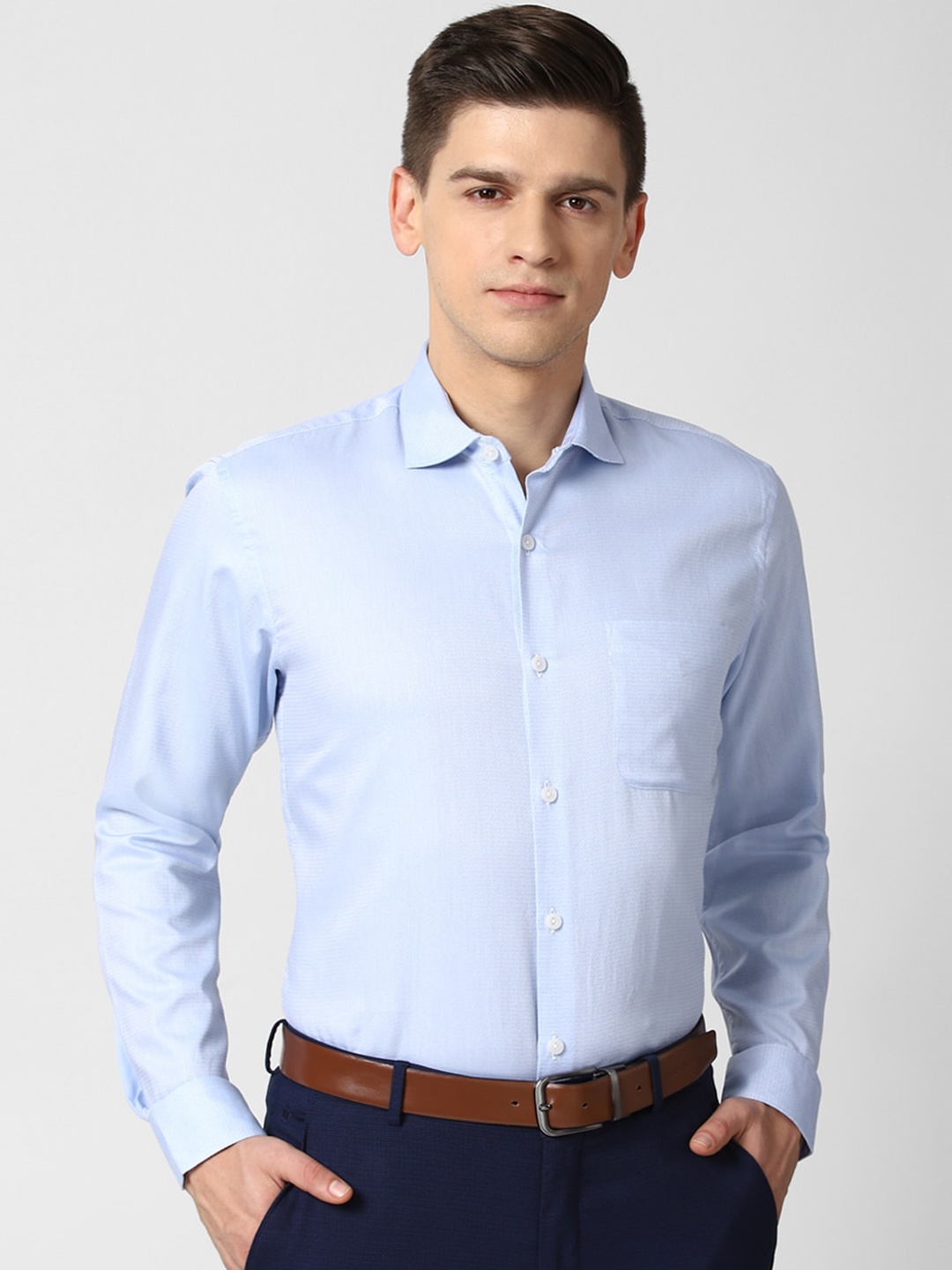 

Peter England Elite Men Blue Pure Cotton Striped Formal Shirt