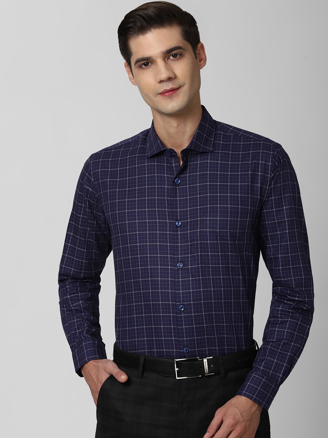 

Peter England Elite Men Navy Blue Grid Tattersall Checks Opaque Checked Formal Shirt