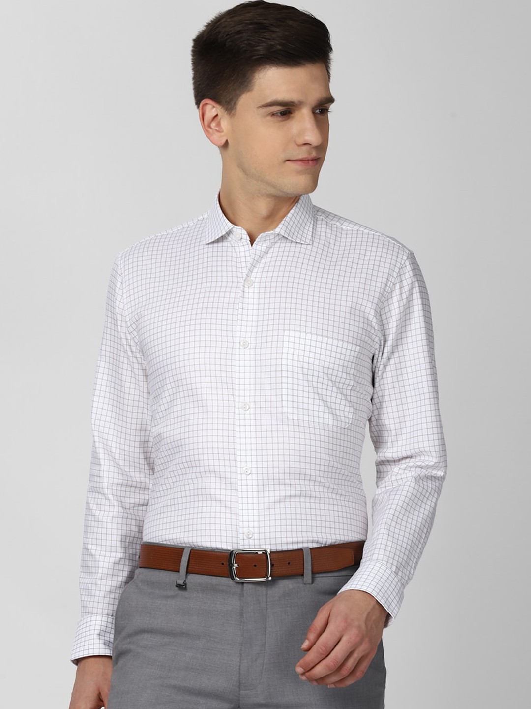 

Peter England Elite Men White & Grey Grid Tattersall Checked Cotton Formal Shirt