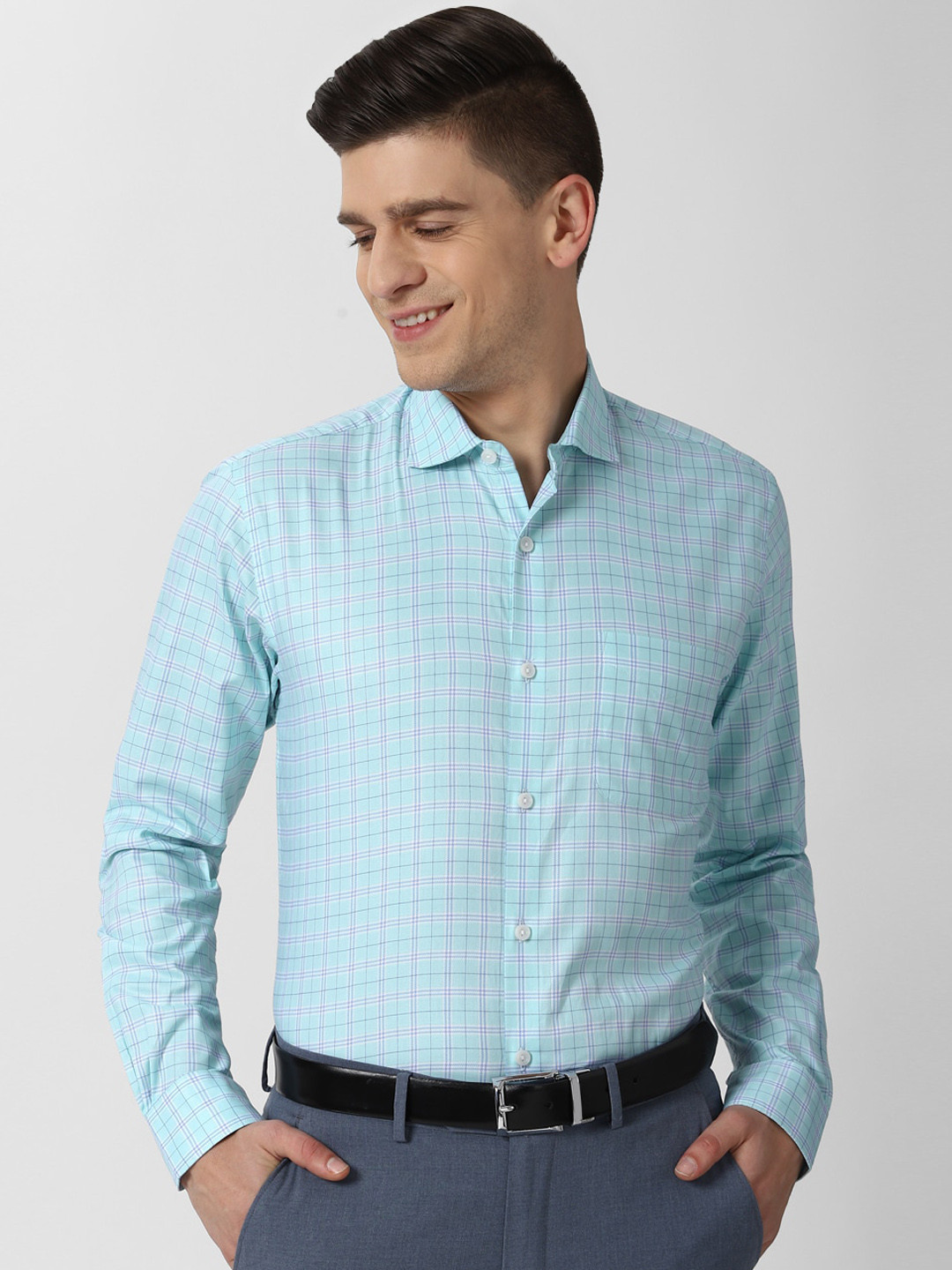 

Peter England Elite Men Blue & White Checked Cotton Formal Shirt