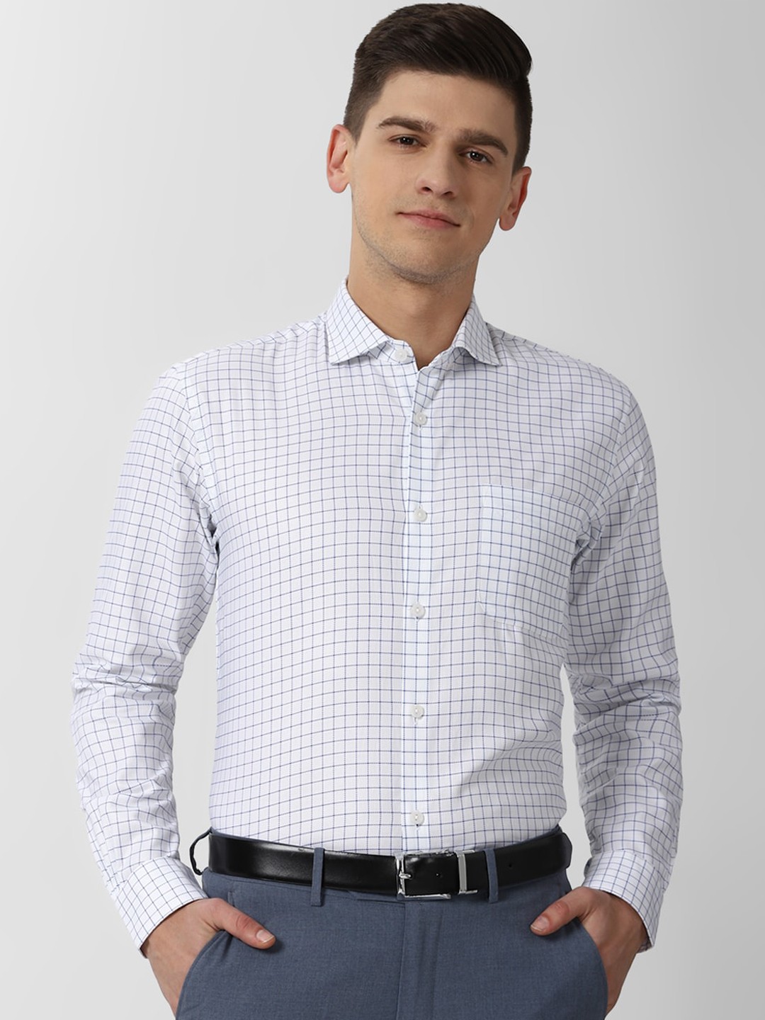 

Peter England Elite Men White & Blue Grid Tattersall Checked Cotton Formal Shirt