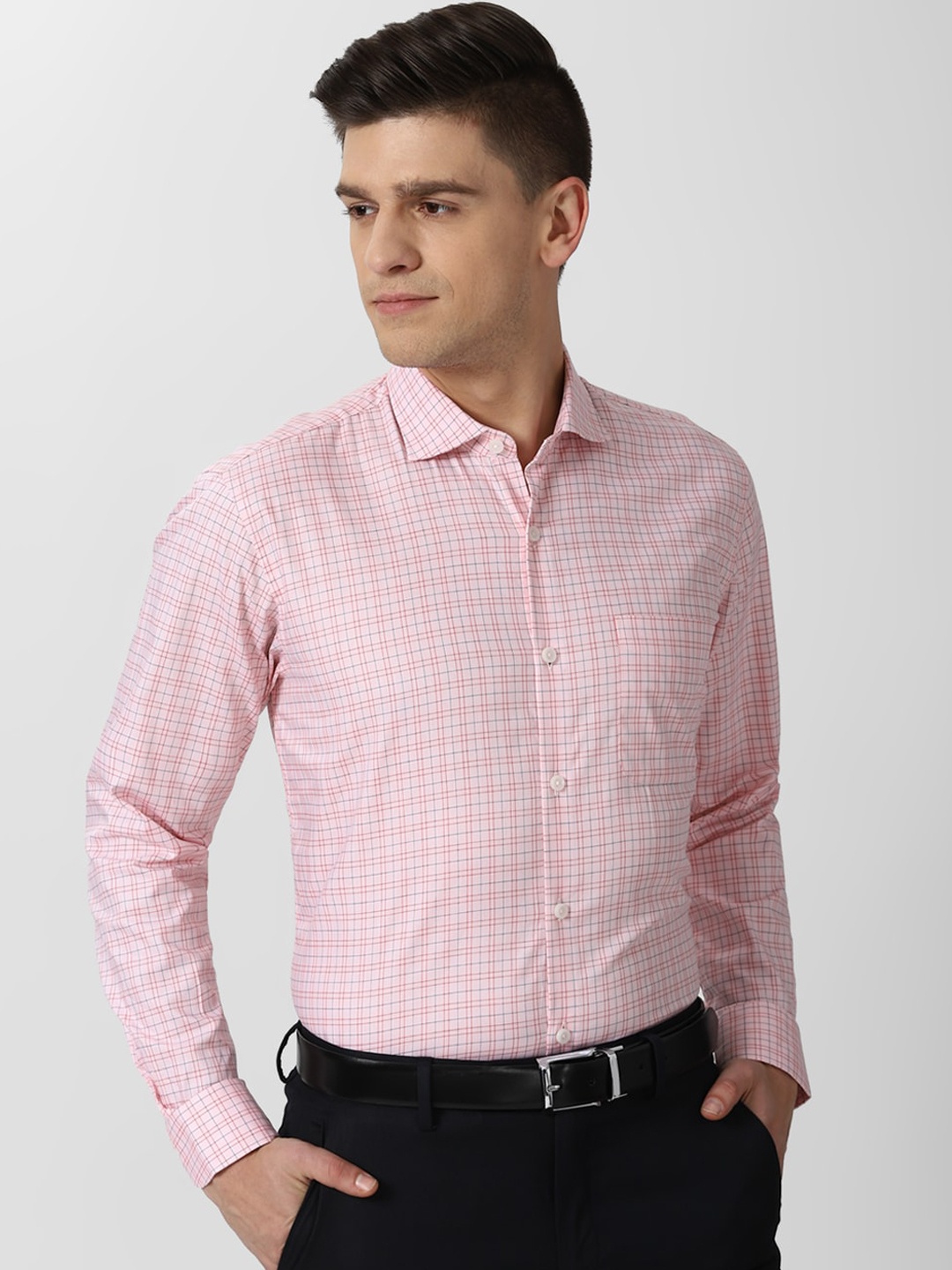 

Peter England Elite Men Pink & Blue Checked Cotton Formal Shirt