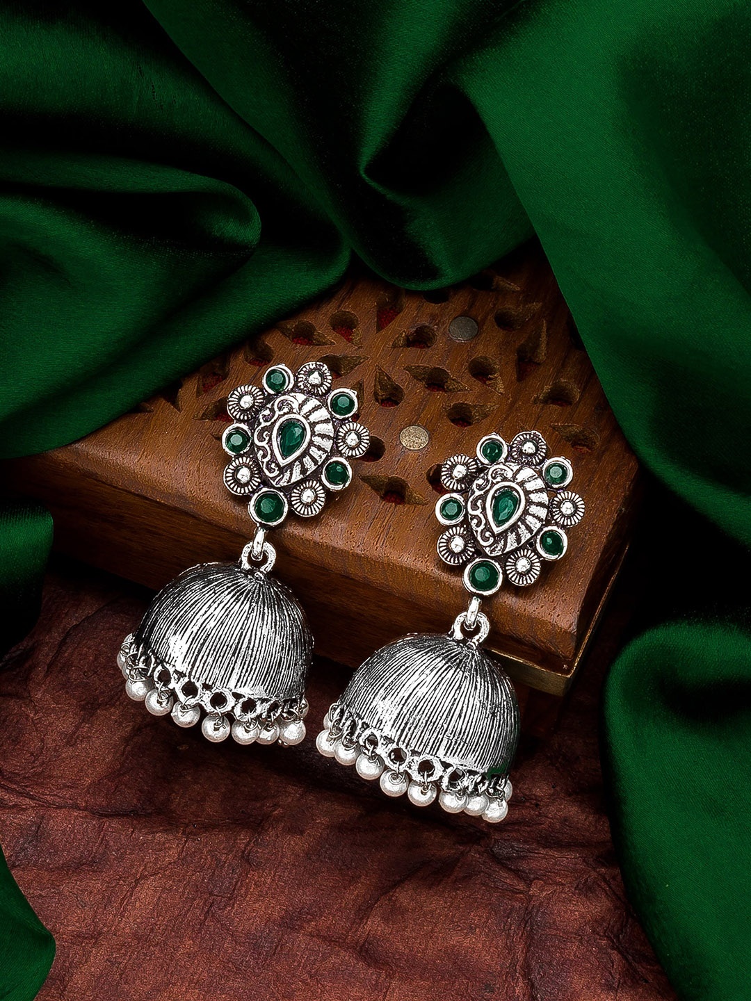 

aadita Silver-Toned Geometric Jhumkas Earrings