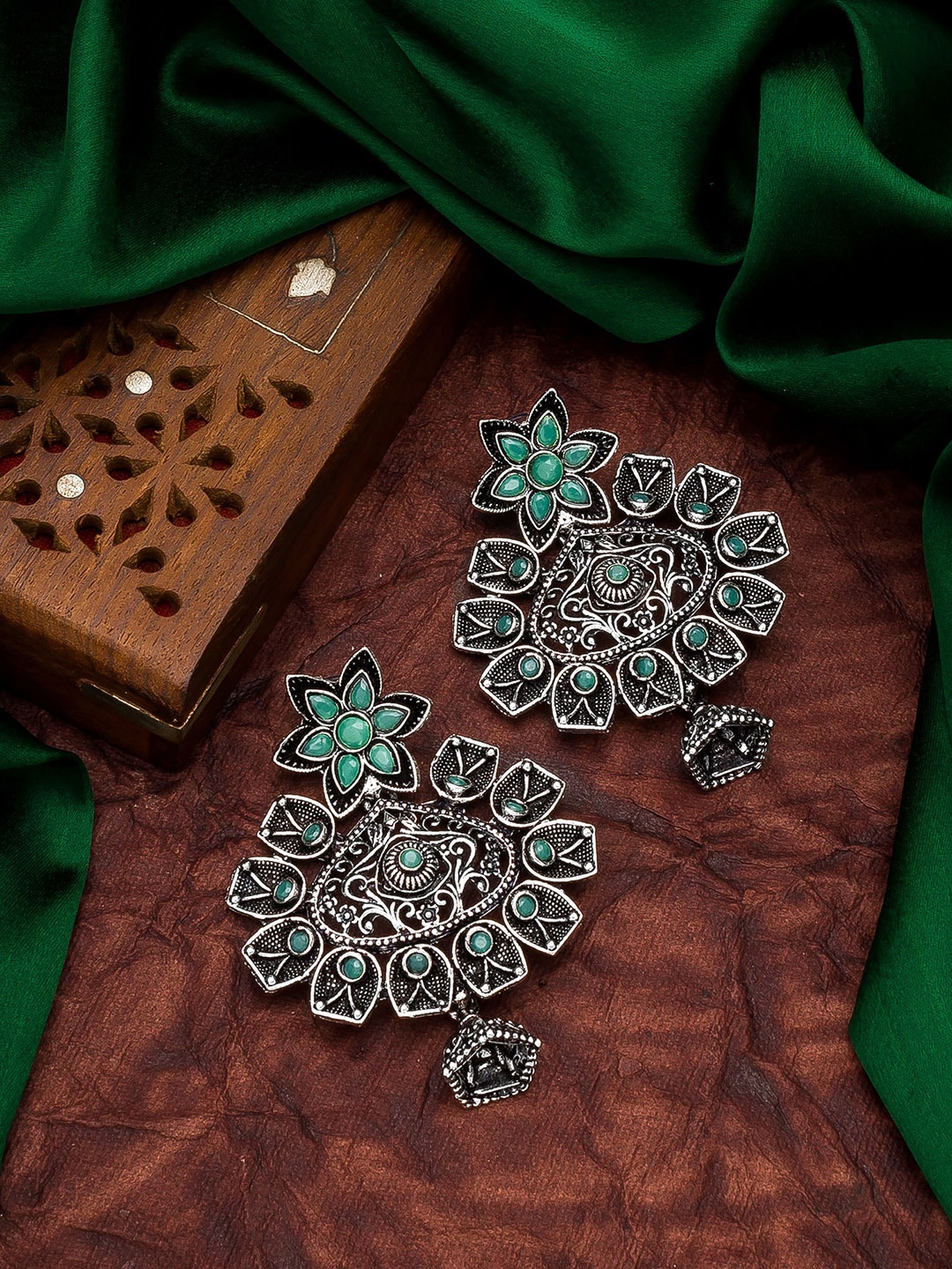 

aadita Oxidised Silver-Toned & Sea Green Classic Drop Earrings