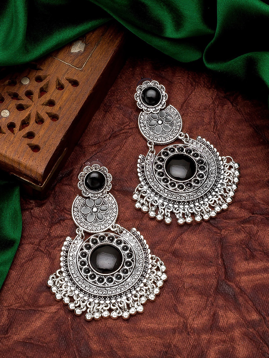 

aadita Silver-Toned & Black German Oxidised Chandbalis Earrings