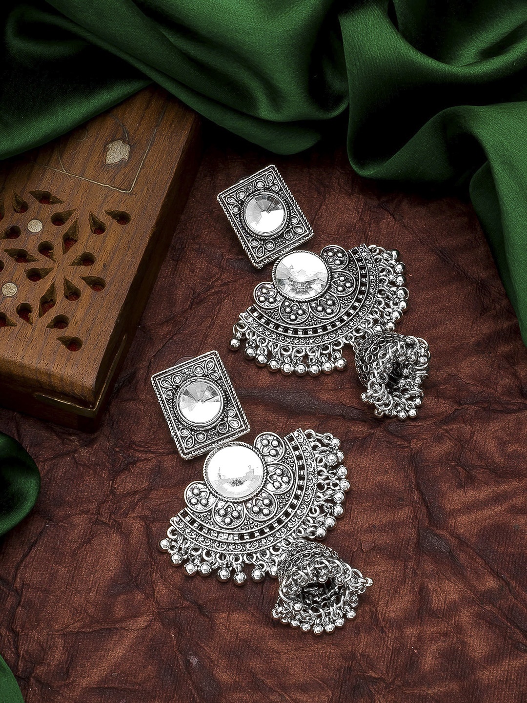 

aadita Silver-Toned Geometric Jhumkas Earrings