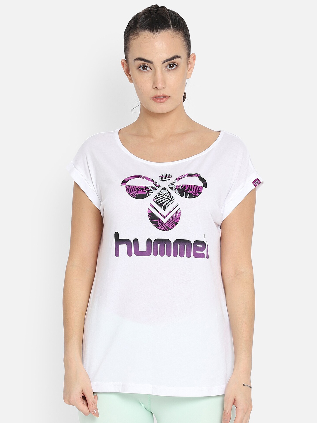 

hummel Women White Brand Logo Printed Extended Sleeves Cotton T-shirt