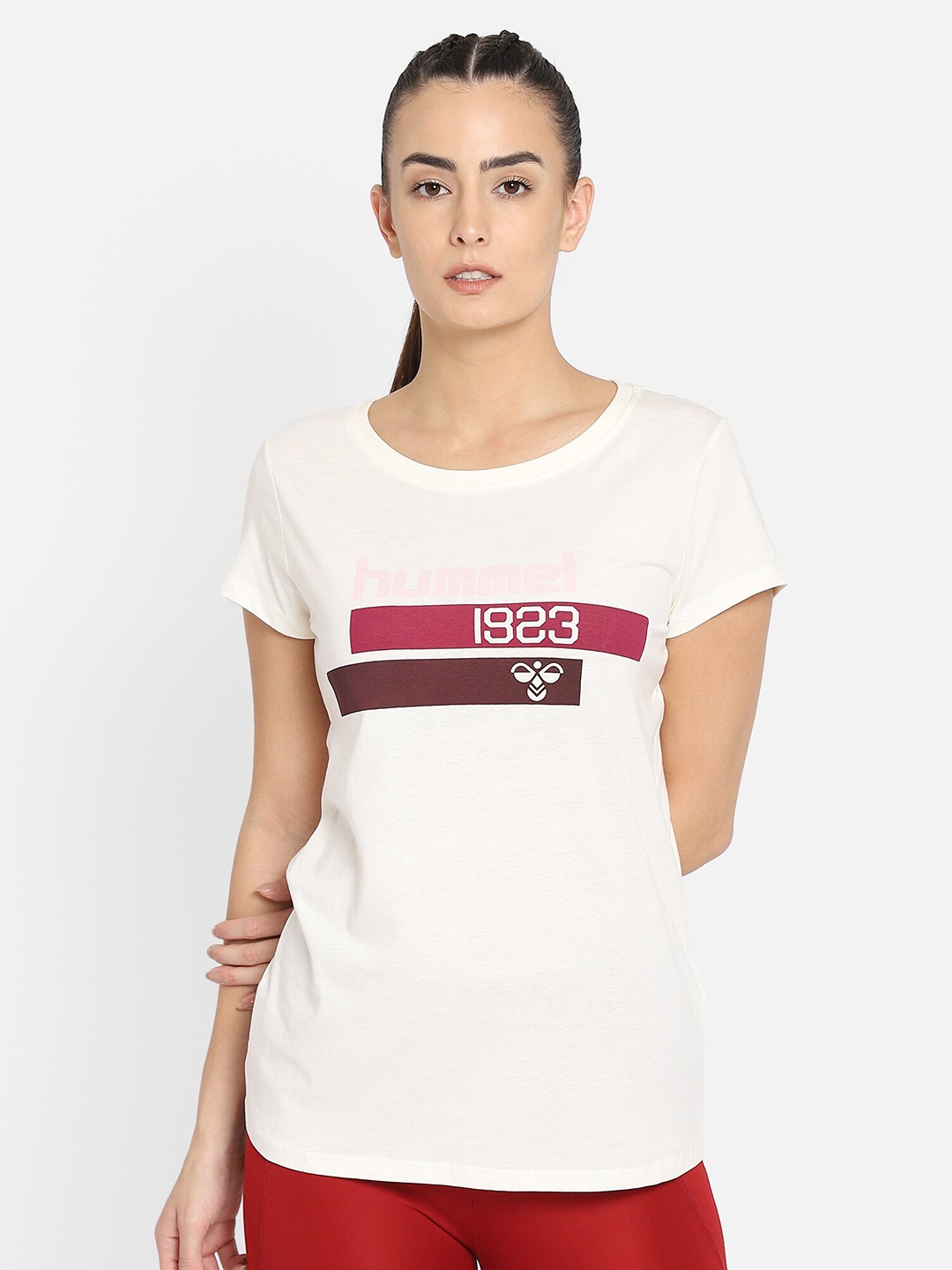

hummel Women Off White Brand Logo Printed Pure Cotton T-shirt